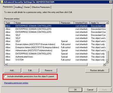 Advanced security settings for ADMINISTRATION OU - Admin Area (Tier0) Advanced security settings for ADMINISTRATION OU - Admin Area (Tier0)